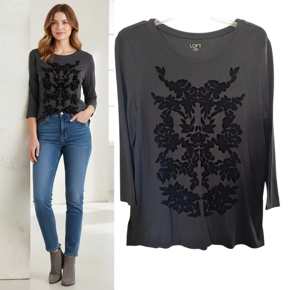 LOFT Velvet Burnout Top M Black Romantic Goth Dark Academia Chic Long Sleeve NWT
